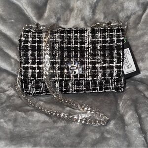 Badgley Mischka Black & White Tweed Chain Crossbody